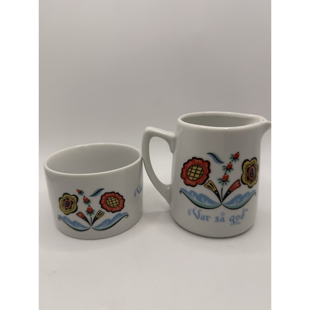 Vintage Swedish Berggren Porcelain  Sugar Bowl Creamer "Var sa god" Folk Art Z6